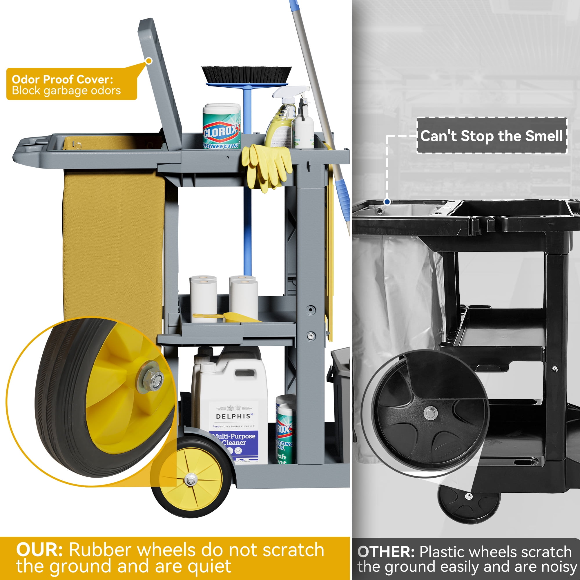 Dextrus Commercial Janitorial Trolley Cleaning Cart with 25-Gallon Bag & Cover - Efficient Housekeeping, Gray