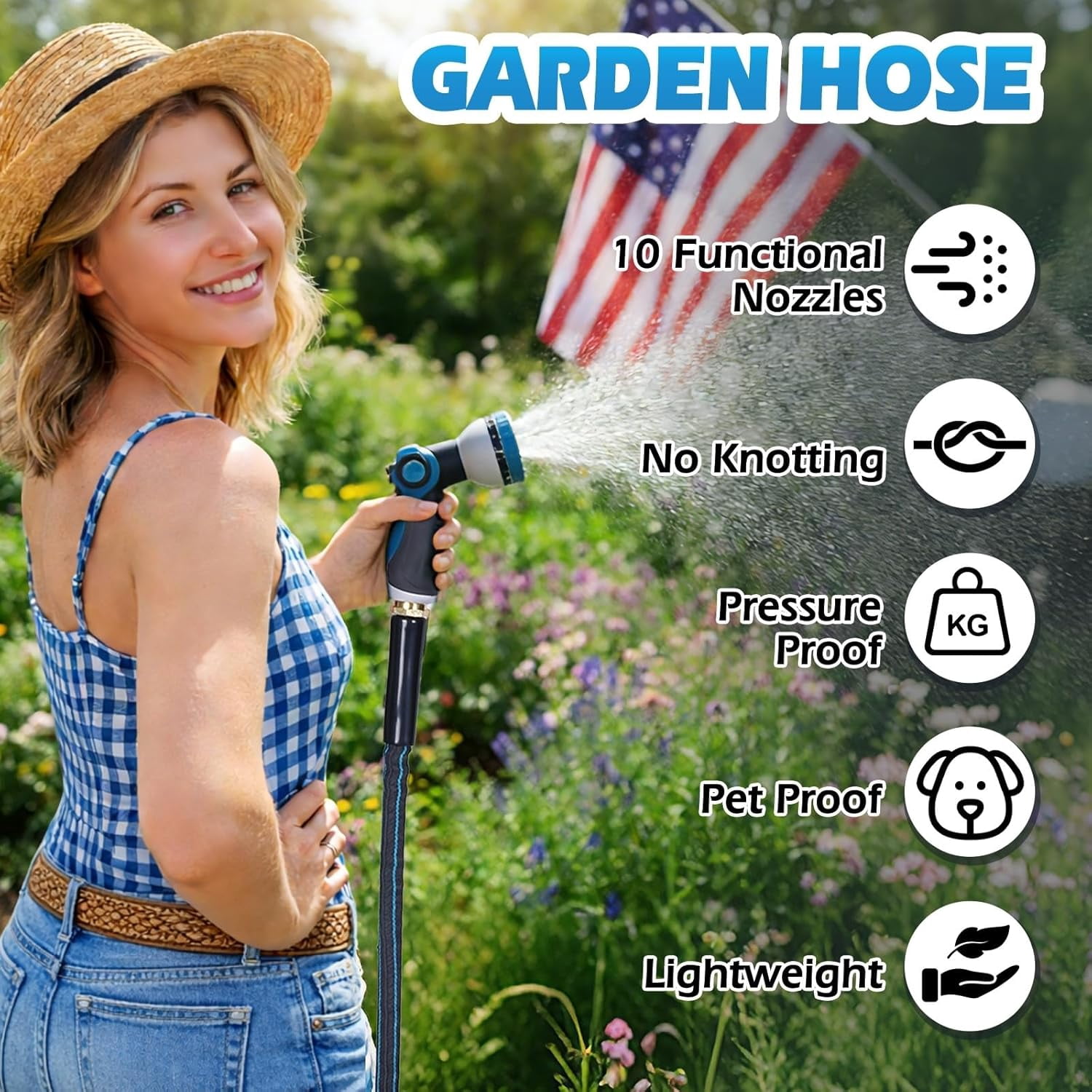 Non-Expanding Garden Hose 25FT with 10-Pattern Nozzle, Lightweight Flexible Water Hose Kink-Resistant, Brass 3/4'' Fittings & Sealing Washers, for Yard Lawn Garden Car Wash Pet Bathing