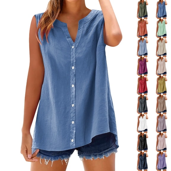 Cotton Linen Shirts for Women Sleeveless Collared Tops Linen Tank Tops for Women Button Down Plus Size V Neck Boho Clothes Casual Summer Tshirt Beige L