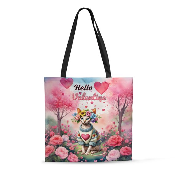 Hello Valentine’s Day Sphynx Flower Crown Romantic Pink Floral All Over Print 3D Canvas Tote Bag Cat Lover Kitten Owner Gifts Idea Reusable Handbag - 00031