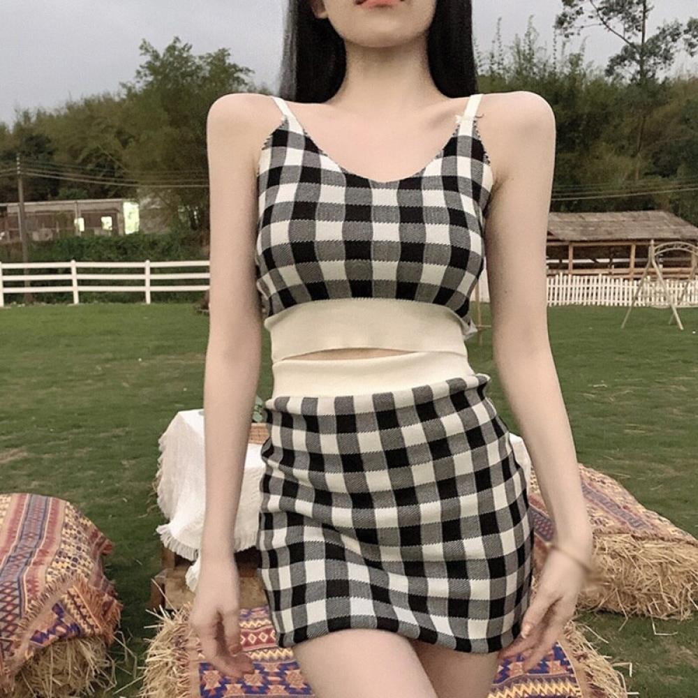 Retro Plaid Cropped Top Short Skirt Two Piece Suit Sexy High Waist Split Mini Skirt Summer V Neck Strap Tanks Skirt Suits