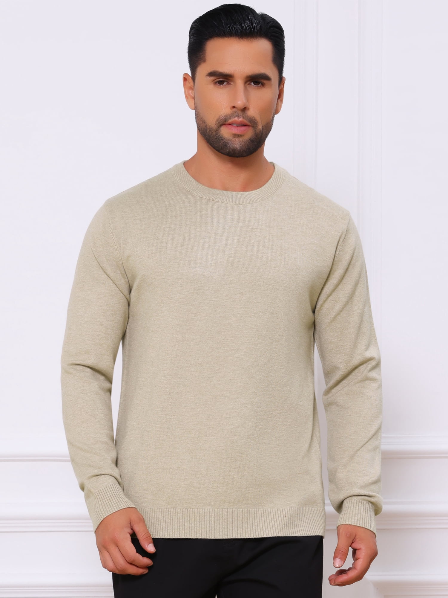 DARING DIVA Men's Solid Crew Neck Long Sleeve Soft Knit Pullover Sweater M Khaki