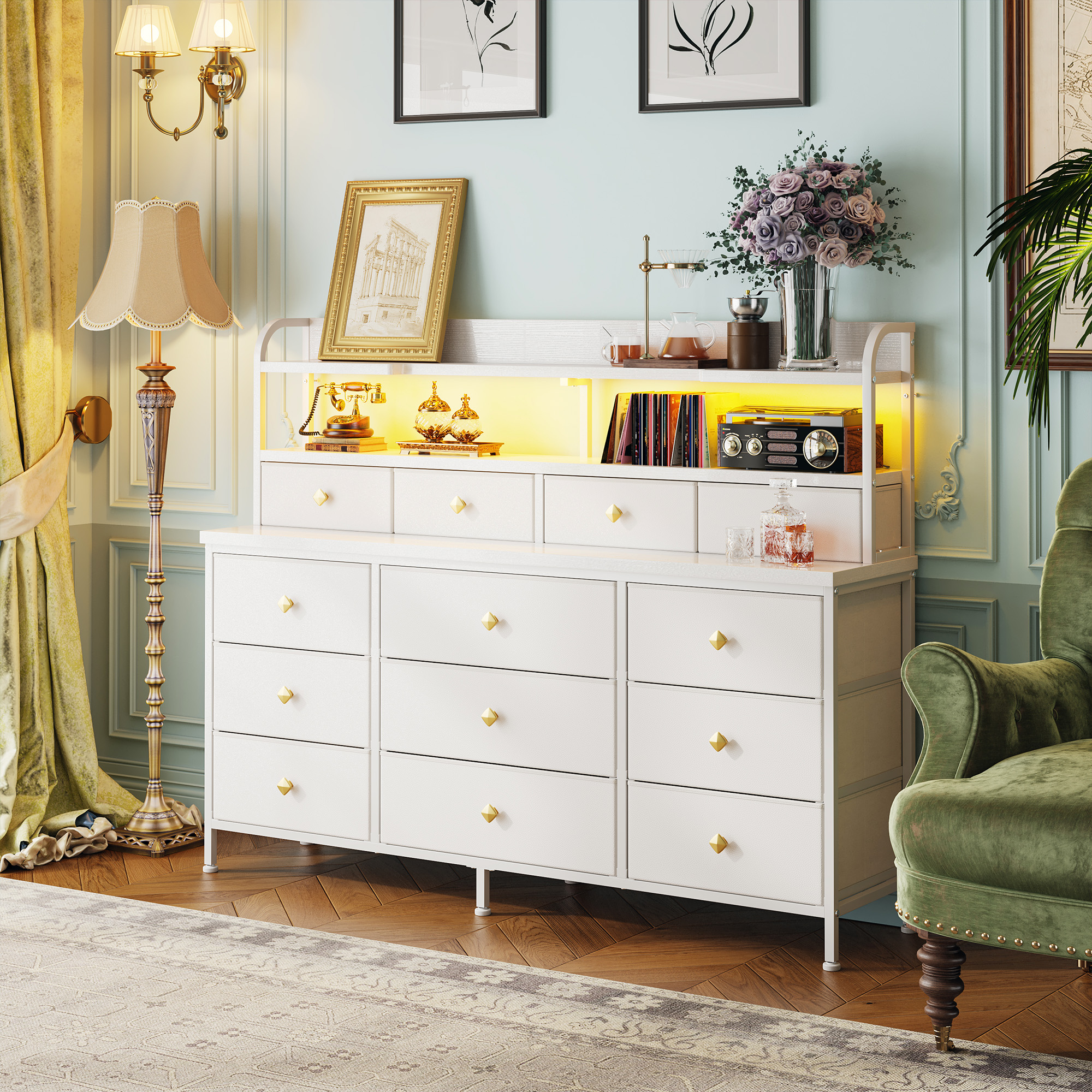 White Dresser for Bedroom Long Dresser with 13 Fabric Drawers and Shelves for Closet Dresser with LED Light