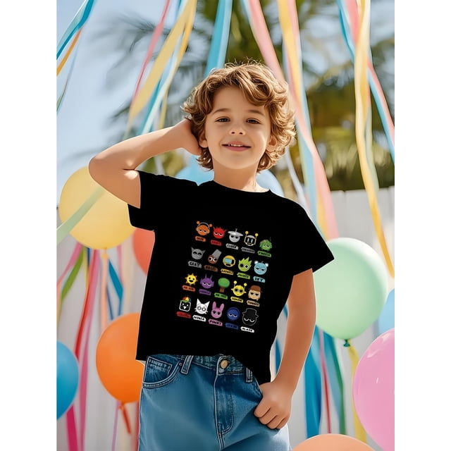 Camiseta de dibujos animados para niños: camiseta de manga corta con estampado 3D y diseño gráfico divertido, mezcla de algodón suave y elástico, cuello redondo, informal, para verano, para niños y