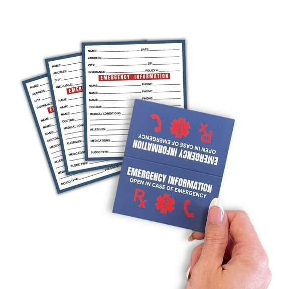 Emergency Info ICE Folded Wallet Card  10 pk 2x3.5 Blue Medications, Blood Type Identification Card Contacts, Doctor, Allergies in Case of Emergency Bulk Medical ID