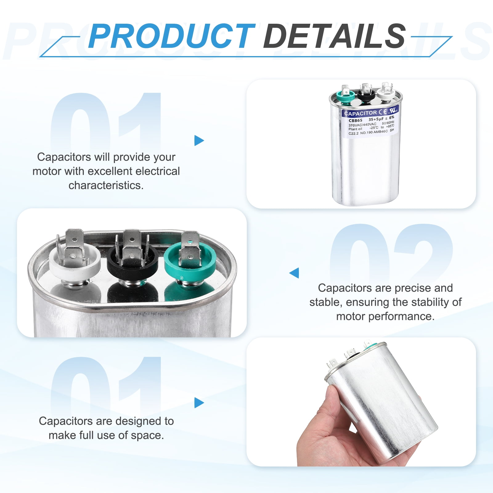 Uxcell 2Pcs 35+5 MFD CBB65 Run Start Capacitor 35+5 uF, 370/440V Oval AC Capacitor for AC Motor Run, HVAC, Air Conditioner, Condenser Motors