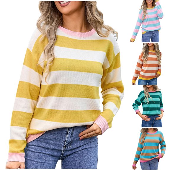 Womens Striped Sweaters 2026 Color Block Long Sleeve Knit Tops,Colorful Striped Sweater,Cozy Knit,Work Office Pullover,Crewneck,Teacher Clothing,Old Money Clothes,Cute Tops,Fall Outfits Yellow