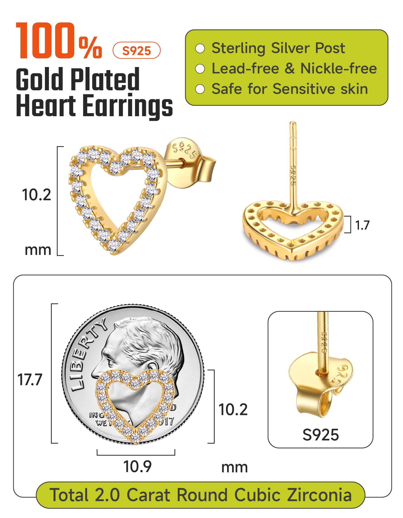 Just Being Cute Real Sterling Silver Heart Earrings for Women 14K Gold Plated Stud Earring with White Zircon Mothers Day Jewelry Gifts Her Girlfriend Wife Adults Age Ideas
