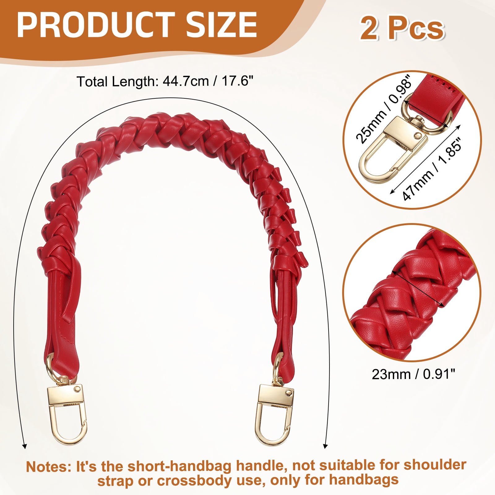 Braided Purse Strap, 2Pack 44.7cm/17.6" Red PU Leather with Gold Buckles for Underarm Bags, Handbags