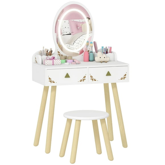 Qaba Kids Vanity, Girls Vanity Set with Mirror, Stool, 3-Colour LED Lights