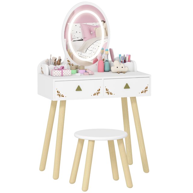 Qaba Kids Vanity, Girls Vanity Set with Mirror, Stool, 3-Colour LED Lights