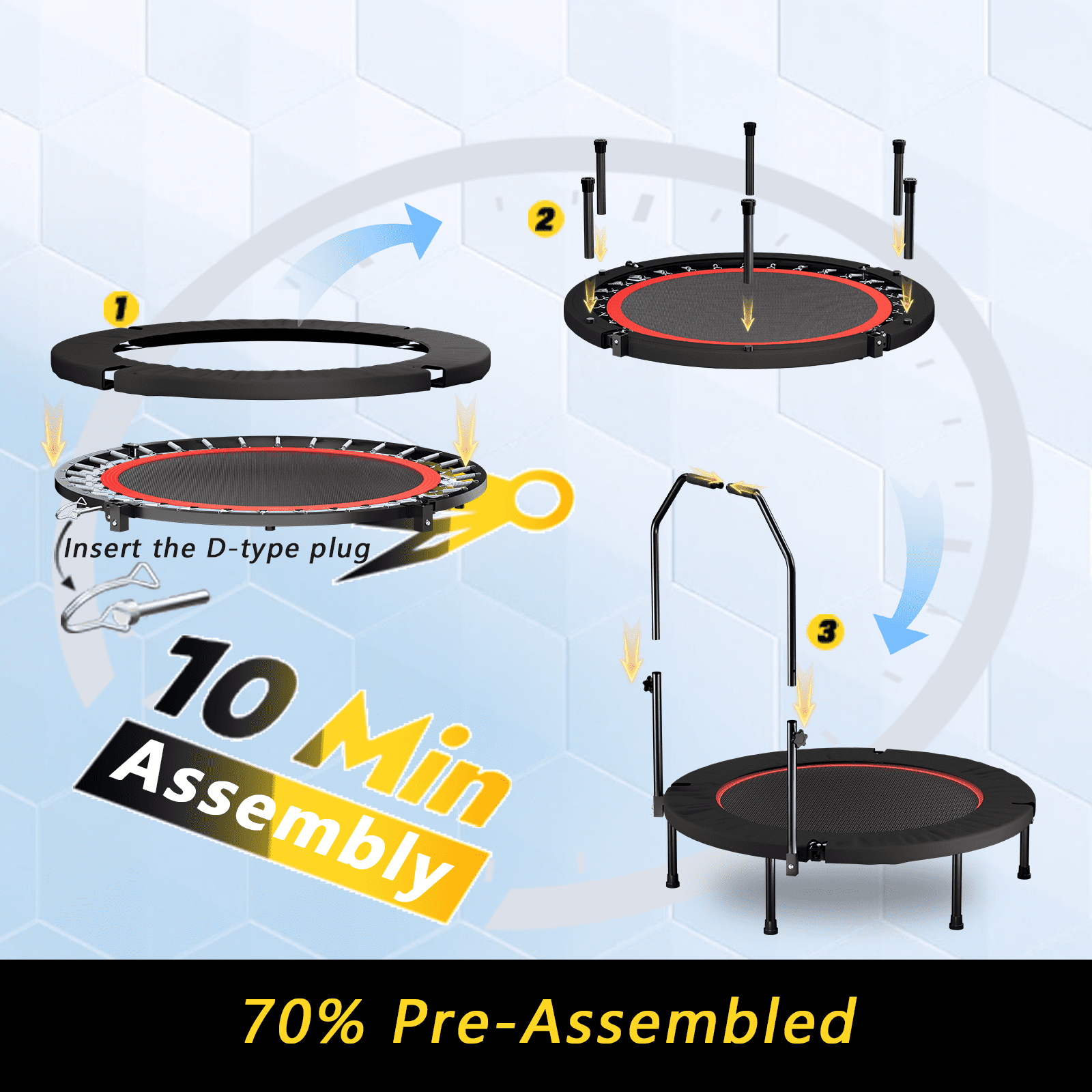 Leumius 40" Foldable Trampoline,Fitness Rebounder with Adjustable Foam Handle,Mini Fitness Trampoline for Adults,Indoor Outdoor Exercise Trampoline for Home Gym Workout Equipment,Black