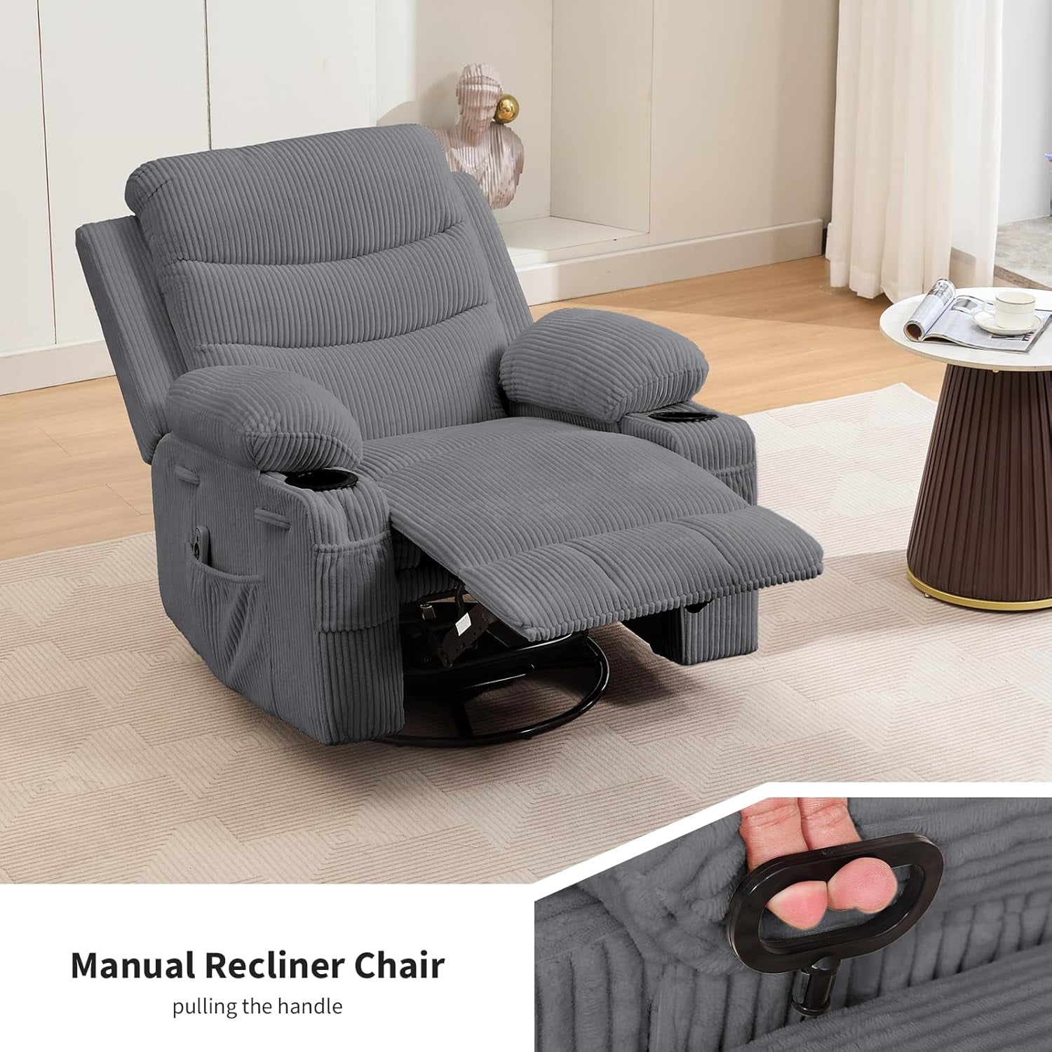 Recliner Chair Nursery, Oversized Manual Reclining Rocking Chair, Corduroy 360 Swivel Glider with Cup Holder, Massage and Heat Recliner, Small Sofa Chairs for Adults, Living Room,（Corduroy，Gray）