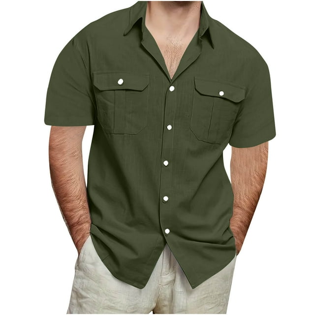 Grrvtrz Mens Linen Shirts Summer Beach Casual Button-down Short Sleeve Shirt Collared Cargo Shirts with Chest Pockets