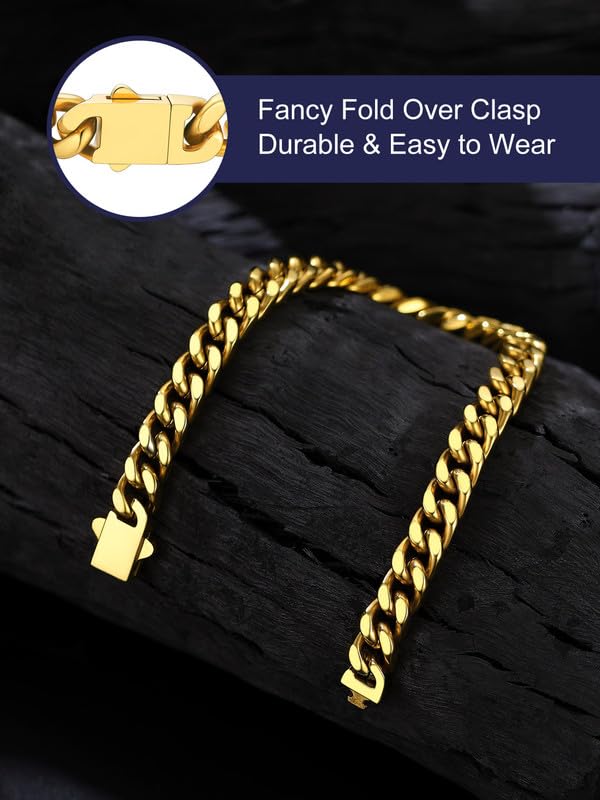 Bandmax 7MM Wide Cuban Chain Bracelet for Men Women Father's Day Gift for Son Dad Husband Stainless Steel 14K Gold Plated Hip Hop Biker Wristlet Anklet Chain Jewelry