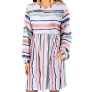 ZXZY Women Long Sleeves Round Neck Stripe Printed Mini Dress with Pockets