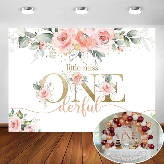 Blush Pink Floral 1st Birthday Party Backdrop for Girl Miss Onederful Party Photography Background Baby Girl's First Birthday Party Decorations Banner Supplies Photo Booth Props