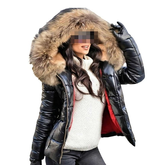 Women Faux Fur Coat, Yigetop Womens Puffer Jacket with Hood Quilted Winter Coat Collar Hooded Down Jacket Parka Outerwear Faux Fur Coat Women Black L
