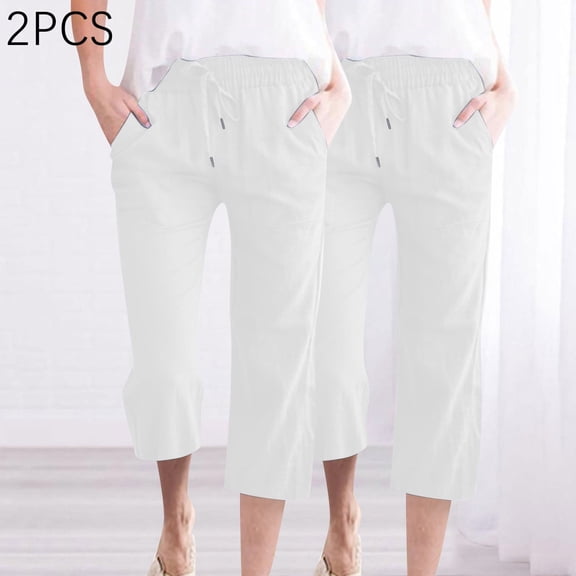 BRGZLK Capris Pants For 2PC Women's Solid Color Cotton Linen Casual Summer 2026 Straight Wide Leg Loose Drawstring Elastic Waist Cropped Trouser with Pockets