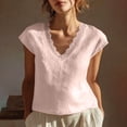 thumbnail image 2 of DeHolifer Linen Tops for Women Lace V-Neck Cotton Gauze Shirts Summer Vacation Boho Cap Sleeve Dressy Casual Blouses Pink 2XL, 2 of 8