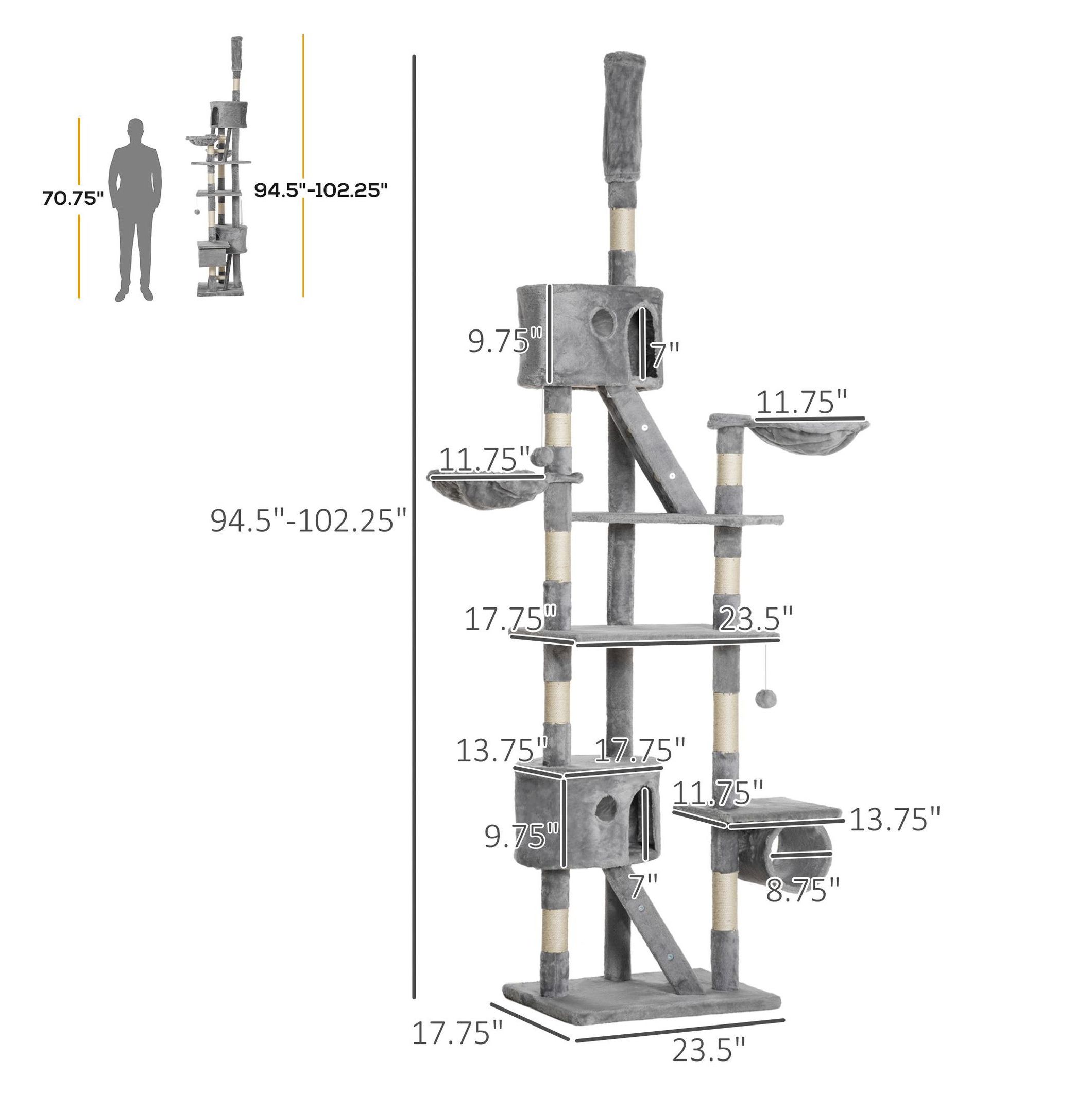 Cat Tree Floor to Ceiling, 94.5-102.5" Adjustable Cat Tower with Scratching Posts, Hammocks & Condos - Tall Climbing Tree for Indoor Cats