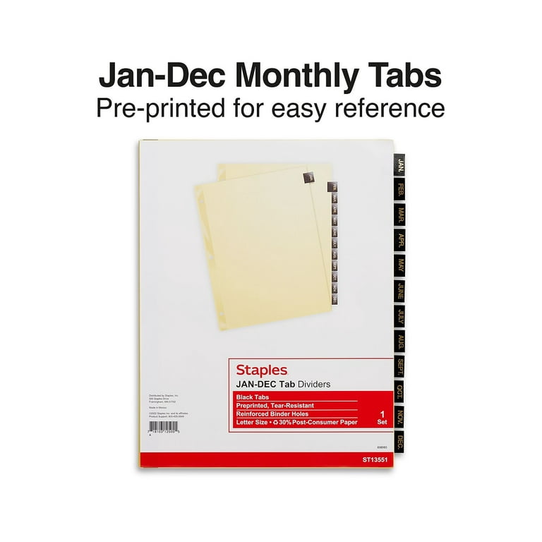 Monthly Black 12-Tab Dividers Leather Staples (13551/11484)