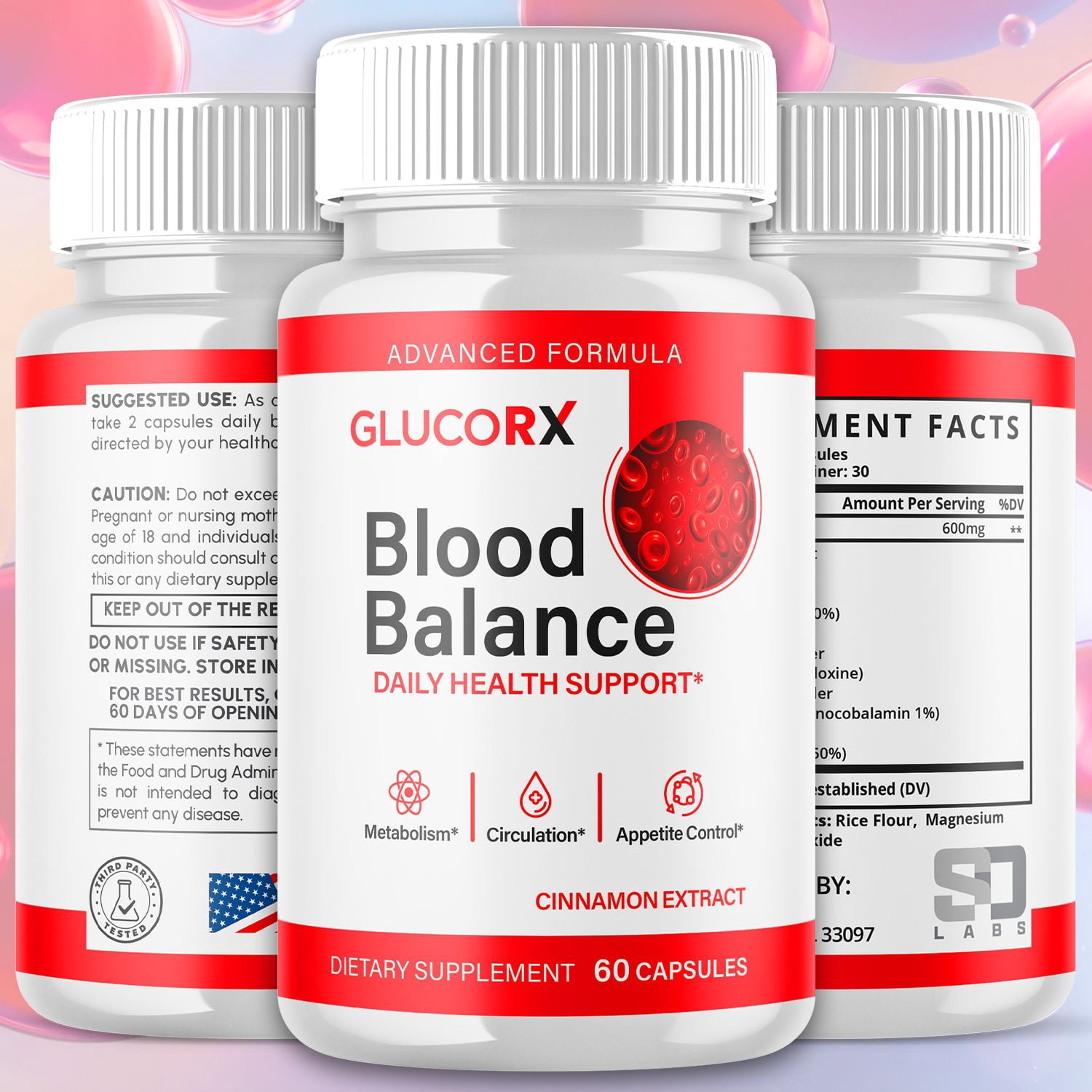 GlucorX Blood Balance Support Pills Advanced Formula Vitamin Supplement Glucor X 180 Capsules