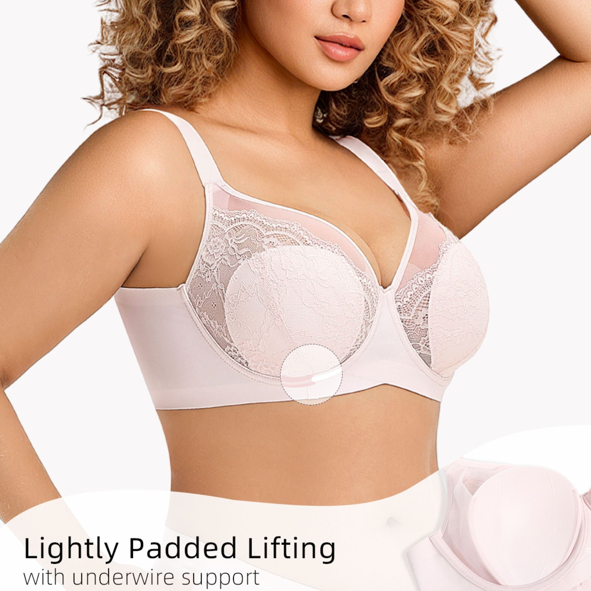 YANDW Lace Full Coverage Bra for Women Underwire Support Plus Sizes Bras with Padding Lift, Pink 40DDD