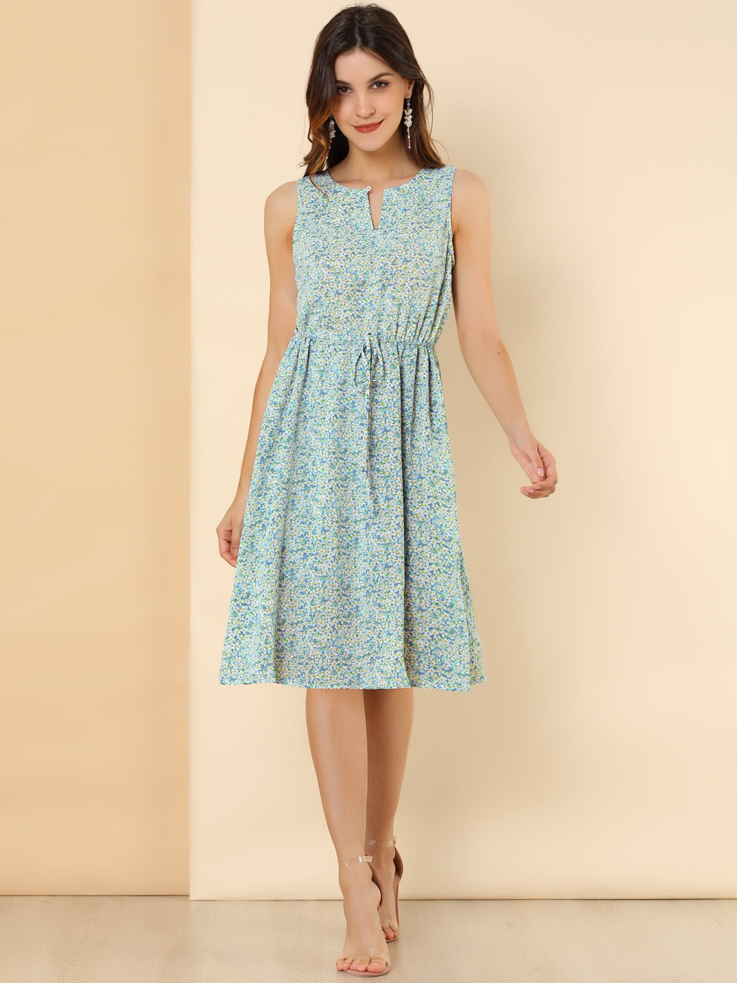 DARING DIVA Floral Sleeveless Drawstring Waist A-Line Dress 3XL Light Blue
