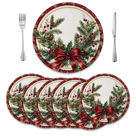 MIZHONA Merry Christmas Round Placemats Set of 6 Winter New Year Table Mat 14 inch for Kitchen Dining Table Decoration