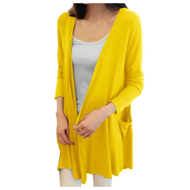 HBFAGFB Womens Cardigan Comfortable Long Sleeves Thin Spring Summer Jacket with Pockets Yellow Size One Size