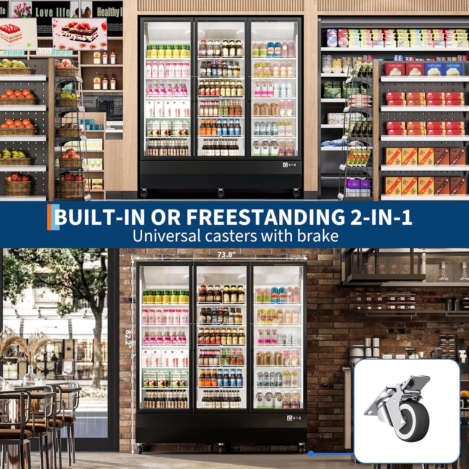 Commercial Display Refrigerator 56.6 Cu.Ft 3 Glass Door Beverage Cooler with Soft LED Lighting, 8 Heavy-Duty Castors,Upright Beverage Fridge with Fan Cooling Perfect for Restaurants, Convenience Store