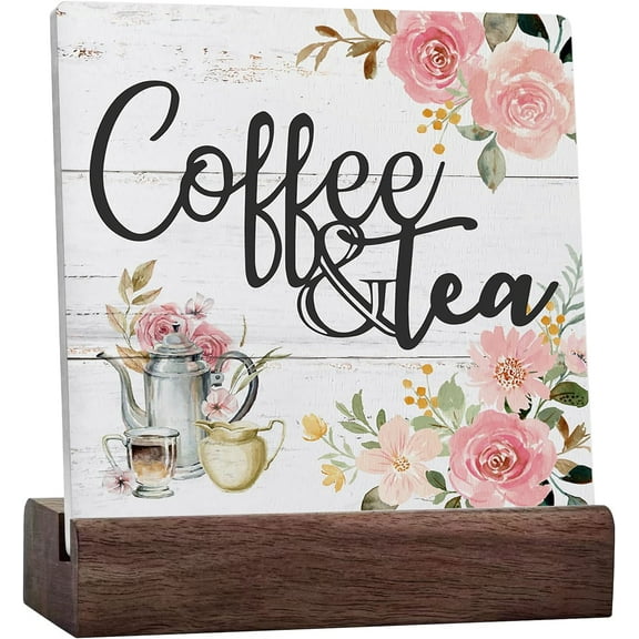 Coffee And Tea Pink Floral Ceramic Table Sign Desk Decor,Rustic Wooden Sign Decorations For Home Kitchen Office Coffee And Tea Bar Wall Tabletop Shelf Decor