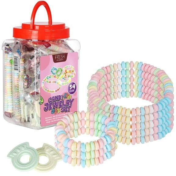 Novelty Candy Mix - 54-Count Individually Wrapped Jewelry Candy Bulk in a Jar - 18 Candy Bracelets, 18 Candy Necklaces, 18 Candy Rings