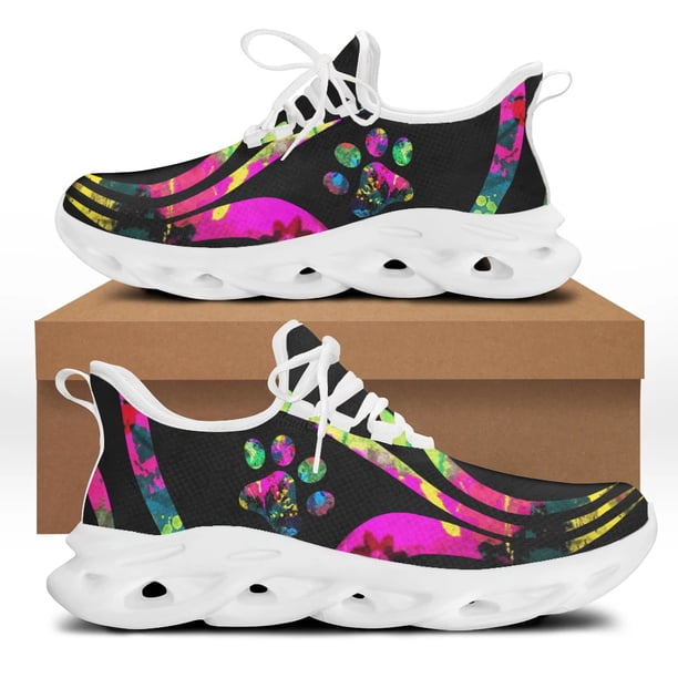 Zapatillas de deporte con estampado de huellas de perro, zapatos vulcanizados de moda a rayas creativos, cómodos zapatos planos de malla transpirable con cordones