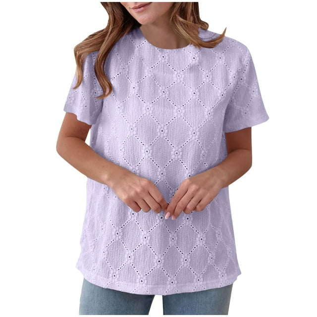 Liquidation! Hauts Grande Taille pour Femmes, Blouse à Manches Courtes d'Été pour Femmes, Haut Décontracté Uni à Col Rond et Manches Courtes pour Femmes