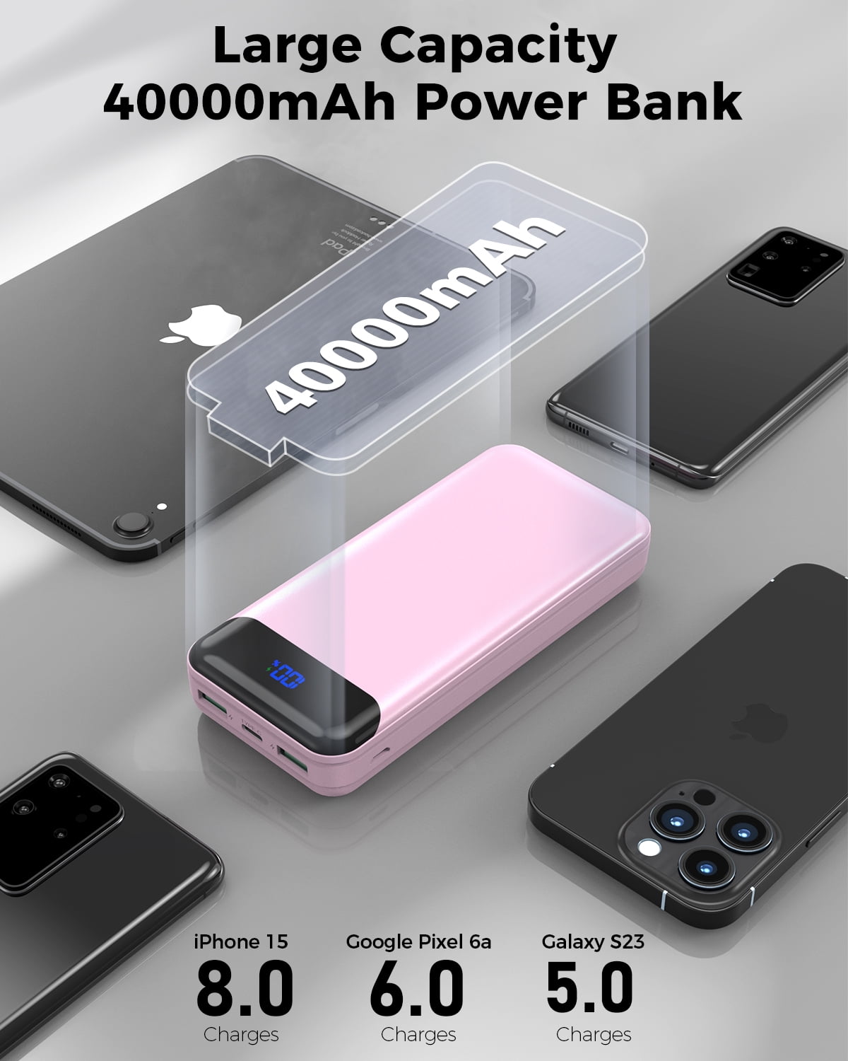 Tilnce 40000mAh Power Bank, 30W PD Fast Charging Portable Charger for iPhone 17 16 15 Pro Max, Samsung Galaxy; High-Capacity Battery Pack for Camping & Travel