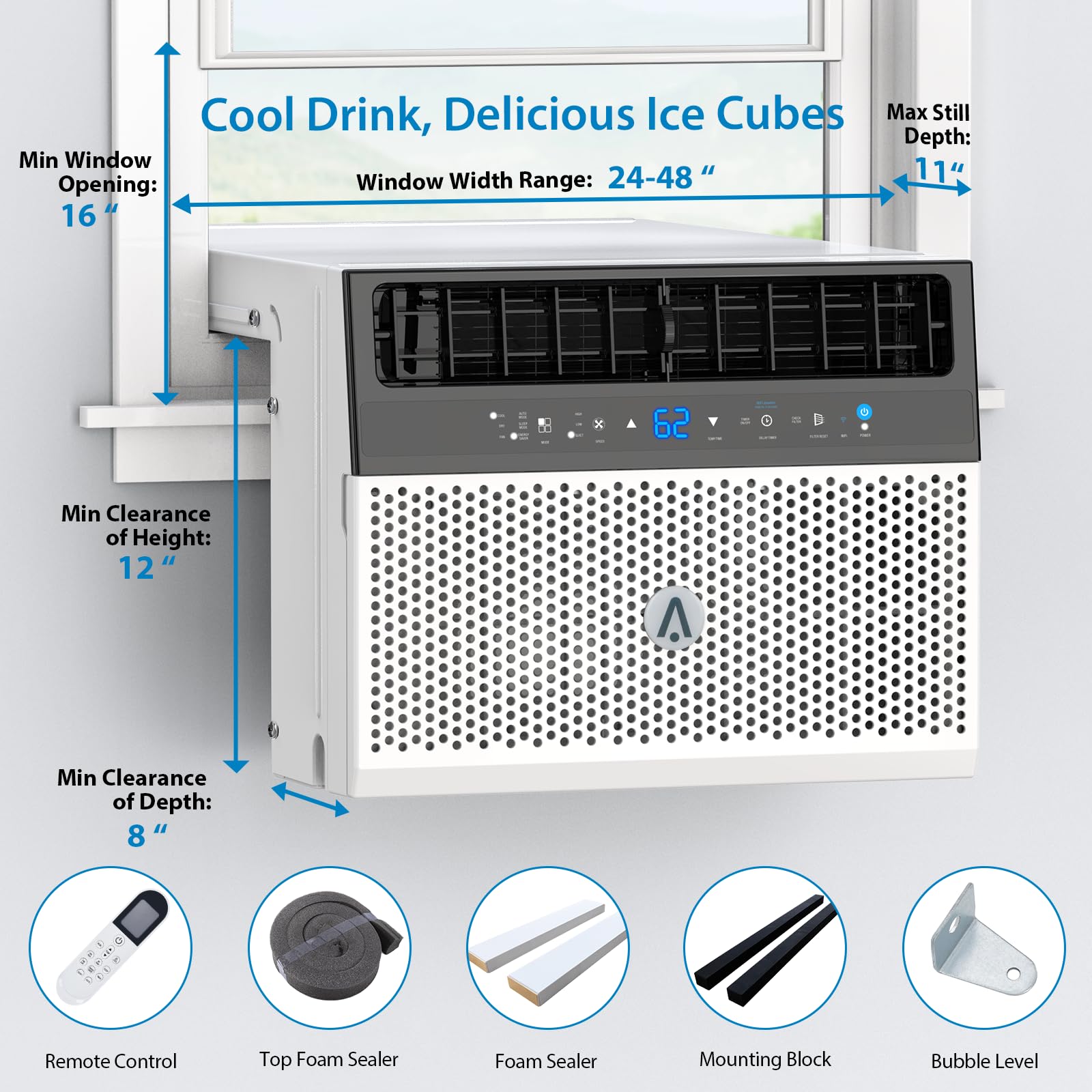 8000 BTU Window Air Conditioner,ac window unit with Washable Filter,Remote Control,Quiet Operation,Fan,Cools Up to 370 Square Feet,110V/60Hz
