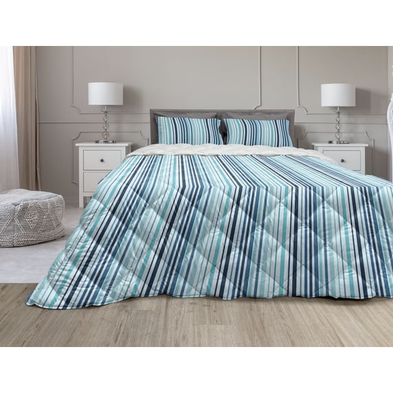 Abstract Comforter & Sham Bedding Set, Vertical Striped Pastel Toned Color Bands Lines Background Nautical Design, 3 pcs Duvet Set Microfiber Filling Quilt, 5 Sizes, Sky and Dark Blue, by Ambesonne