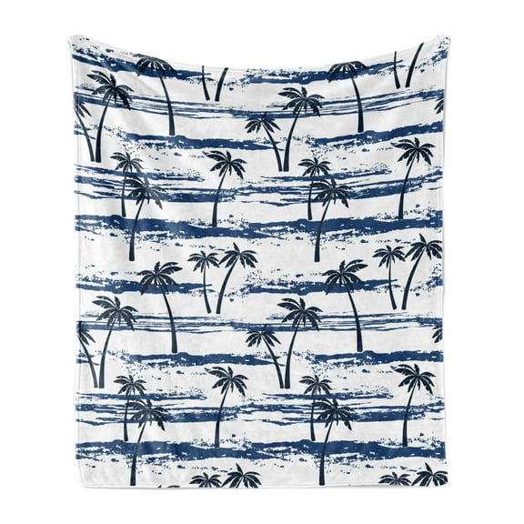 Palm Tree Soft Flannel Fleece Throw Blanket, Pattern Sea Summer Romantic Beach Island Silhouette Tropics, Cozy Plush for Indoor and Outdoor Use, 50" x 60", Navy Blue, by Ambesonne