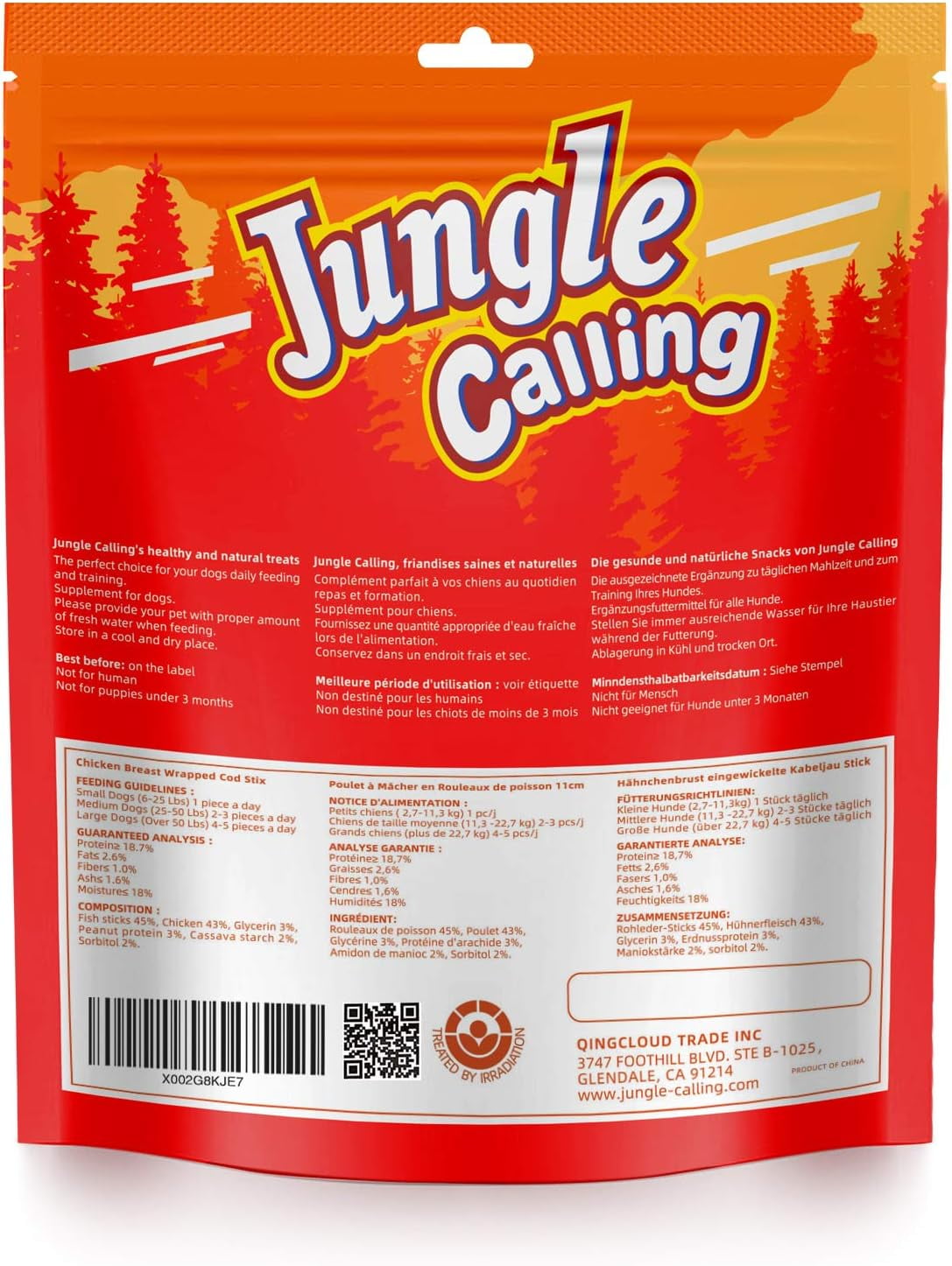 (5 pack) Jungle Calling Rawhide Free Dogs Treats Chicken Wrap Cod Sticks Dog Treats, Soft Chewy Training Treats, 10.6 oz