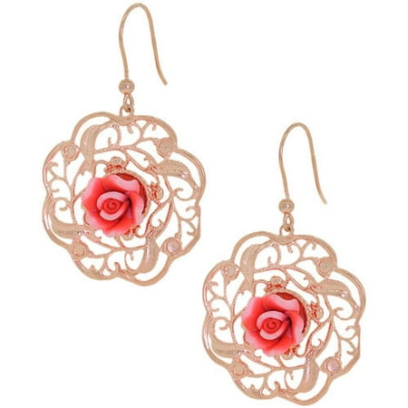 Pori Jewelers Sterling Silver Rose Gold-Plated with Pink Flower Earrings