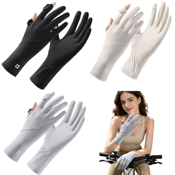 3 Pairs Cooling Sun Protection Gloves, Ice Silk UV Driving & Cycling Gloves, Breathable with Flip-Open Fingertips & Anti-Slip Grip for Summer
