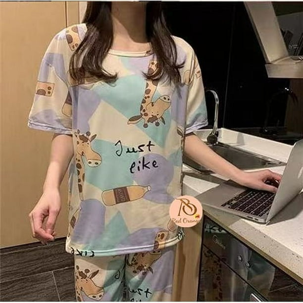 R O SP Korean Cotton Spandex Pajama Terno Cartoon Print Shirt Pants Sleepwear Set Nightwear Women Walmart