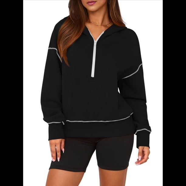 Sudadera con Capucha de Otoño para Mujer, Sudadera Corta de Larga con Media Cremallera, Jersey de Invierno, Ropa de Moda Negro L