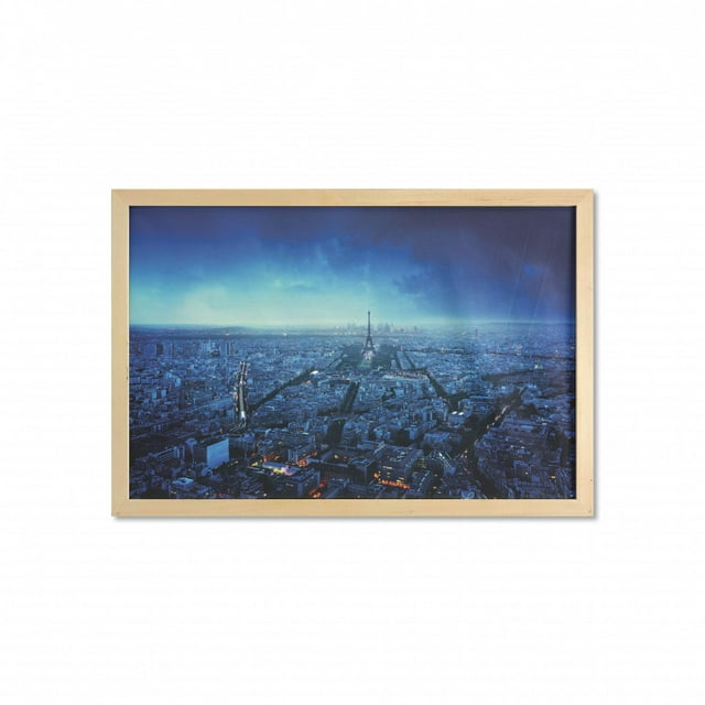 Cityscape Wall Art with Frame, Skyline at Sunset France European Parisian Landmark Travel Destination Monochrome, Printed Fabric Poster for Bathroom Living Room, 35" x 23", Navy Blue, by Ambesonne