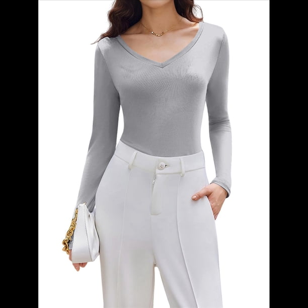 Camiseta Básica Ajustada de Punto Acanalado con Cuello en V y Larga para Mujer Gris XL