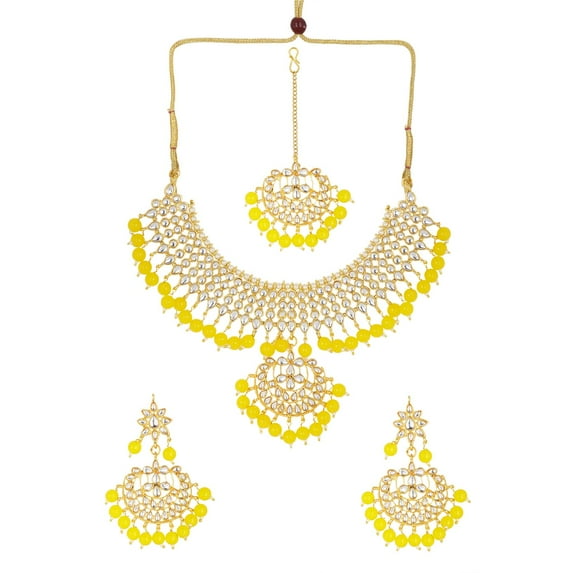 Efulgenz Indian Jewelry Choker Necklace Maang Tikka Earrings Bollywood Wedding Crystal Kundan Necklace Earrings Head Chain Set