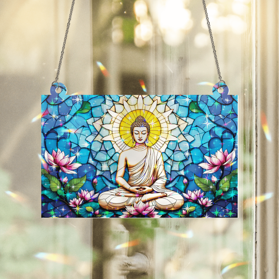 89Bloom Buddha Stained Glass Hologram Ornament, Stained Glass Suncatcher Ornaments Home Decor, Holographic Ornaments