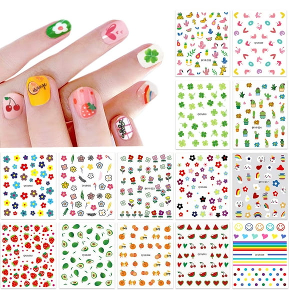 14 hojas de pegatinas de uñas para mujeres y niñas pequeñas, decoración de uñas, juego de pegatinas de uñas autoadhesivas 3D, incluye corazones, frutas, flores, animales, arcoíris, pegatinas para uñas
